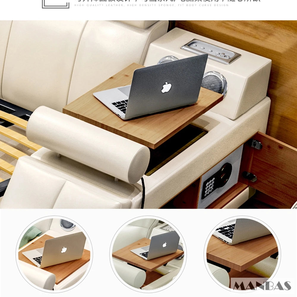 Luxury cream leather smart bed frame with built-in wooden laptop desk, integrated storage, and sound system.