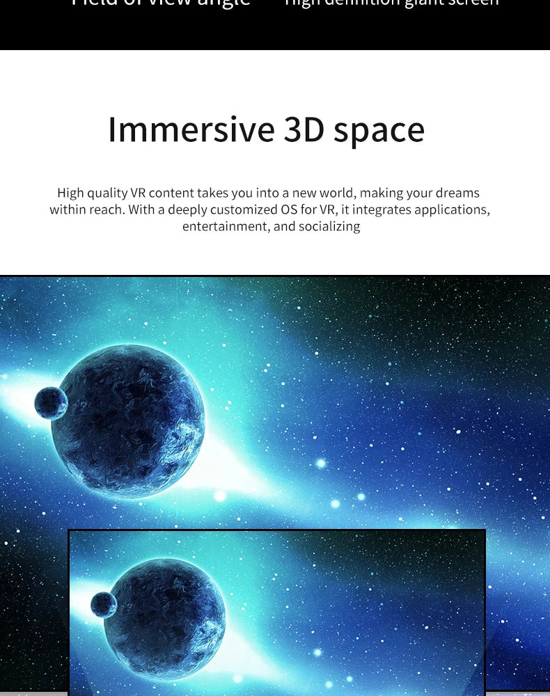 Black 3D VR smartphone headset, designed for immersive viewing of high-definition space-themed content.