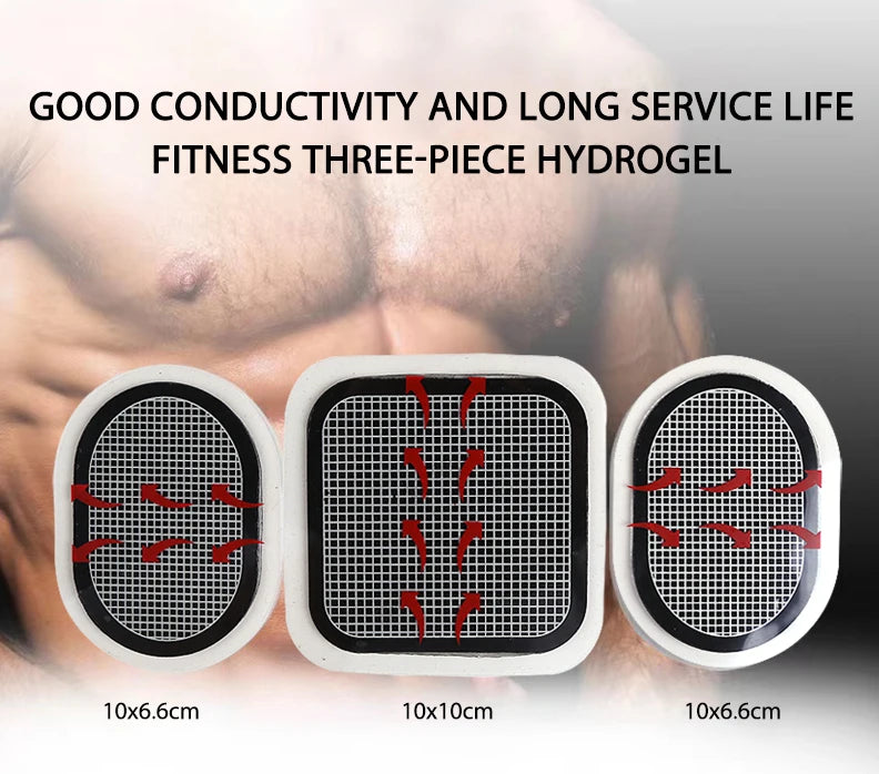 Three-piece white and black hydrogel replacement pads for an abdominal muscle stimulator, showing grid patterns.