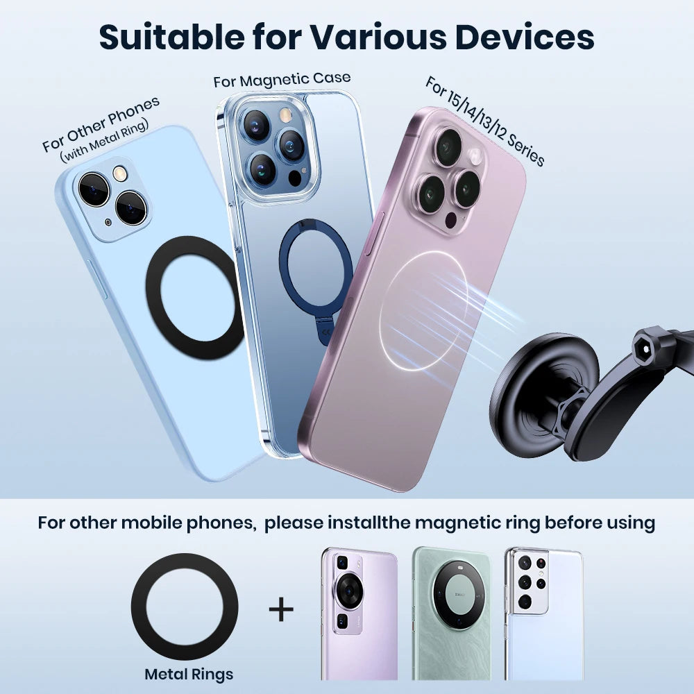 Three smartphones with magnetic cases and a circular metal ring accessory for magnetic mounting compatibility.