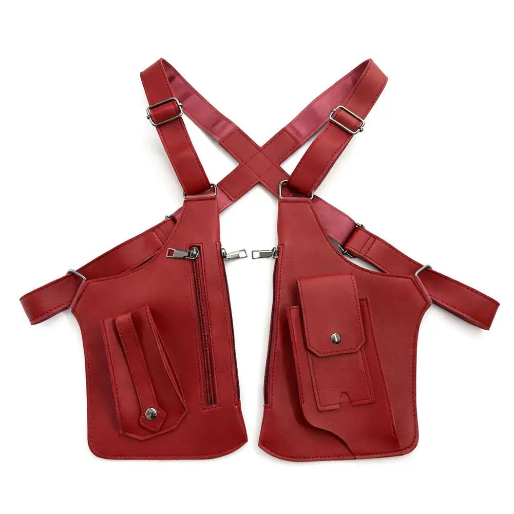 Red leather-look tactical chest rig with adjustable straps, multiple zip pockets, and snap-button pouches.