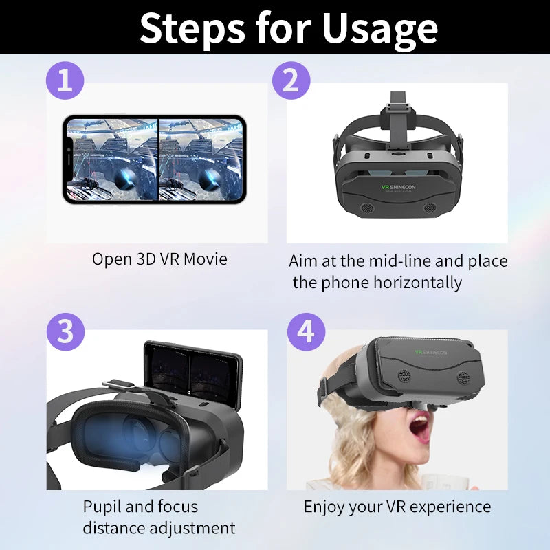 Black VR headset for smartphones, shown in a four-step usage guide with adjustable straps and 3D lenses.