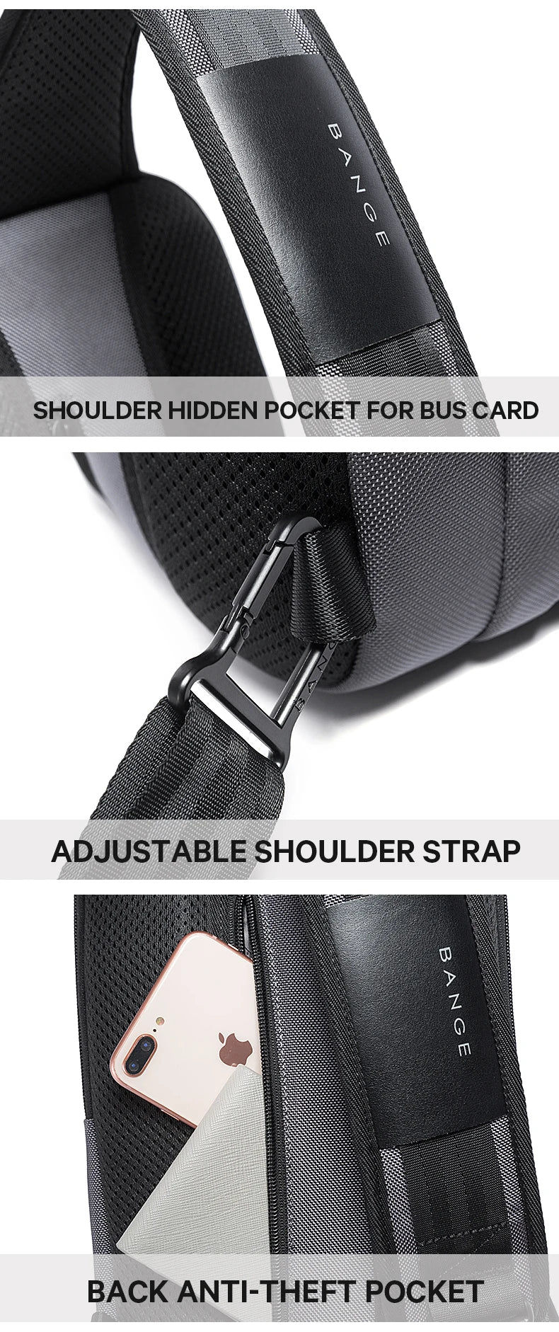 Black anti-theft crossbody bag features an adjustable strap, a hidden card pocket, and a secure back pocket.