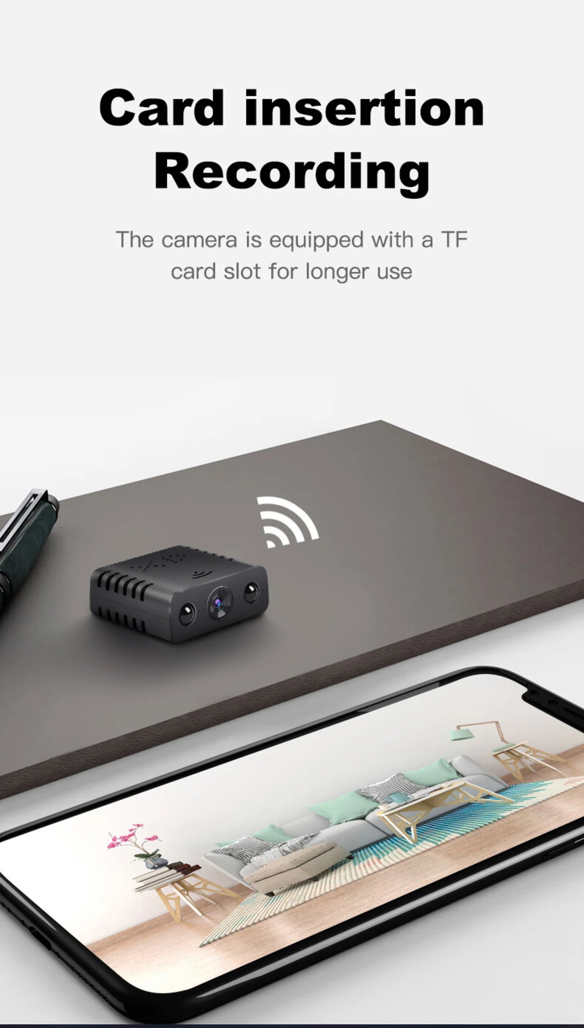Small black plastic wireless camera with a TF card slot for local recording, shown next to a smartphone.
