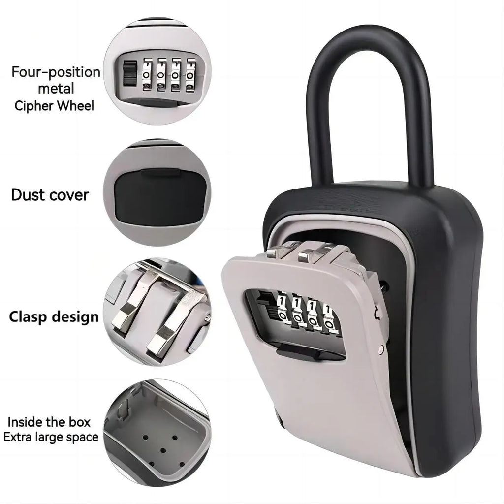 Black and grey metal key lock box with a four-digit combination code, dust cover, and a large internal storage space.