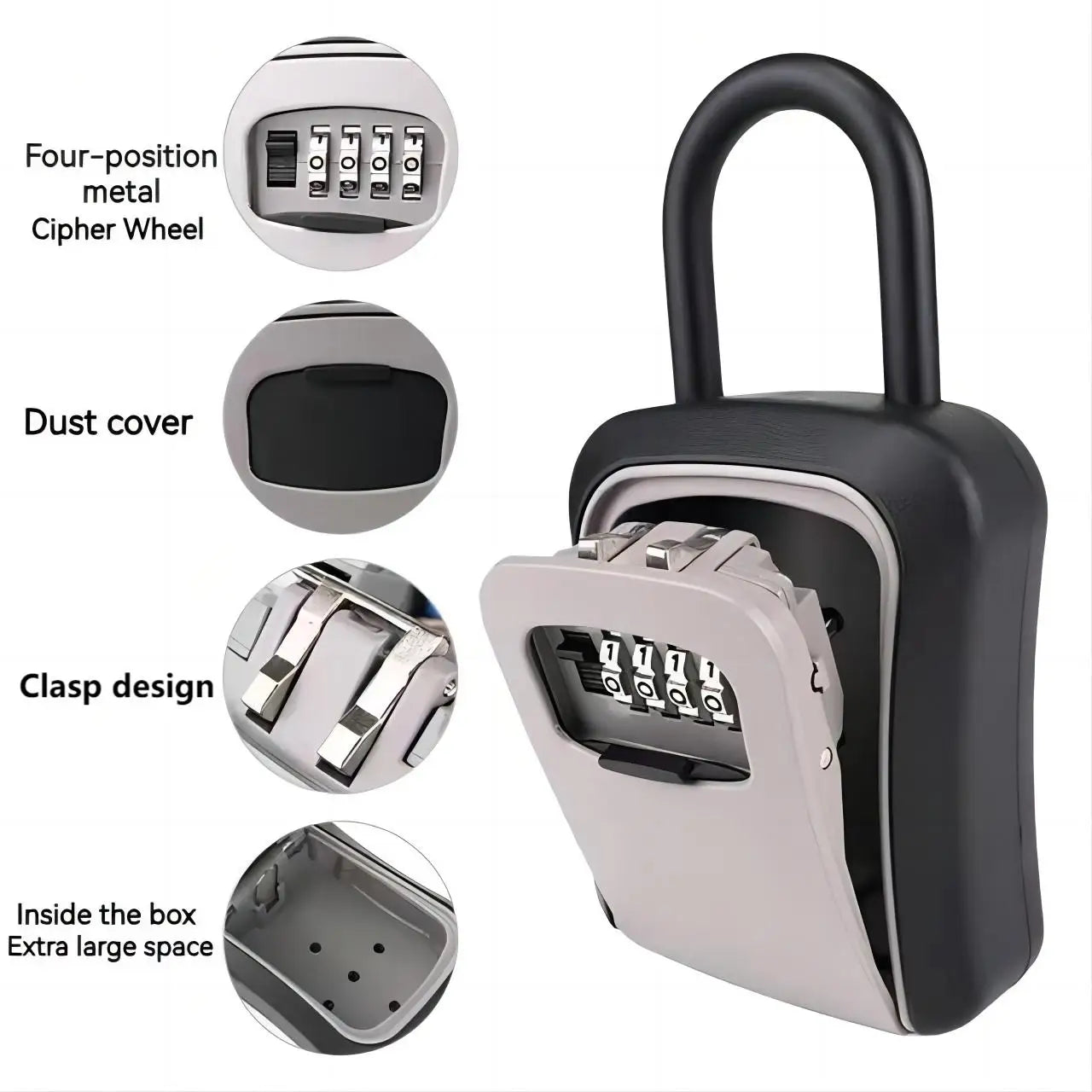 Black and grey metal key lock box with a four-digit combination code, dust cover, and a large internal storage space.