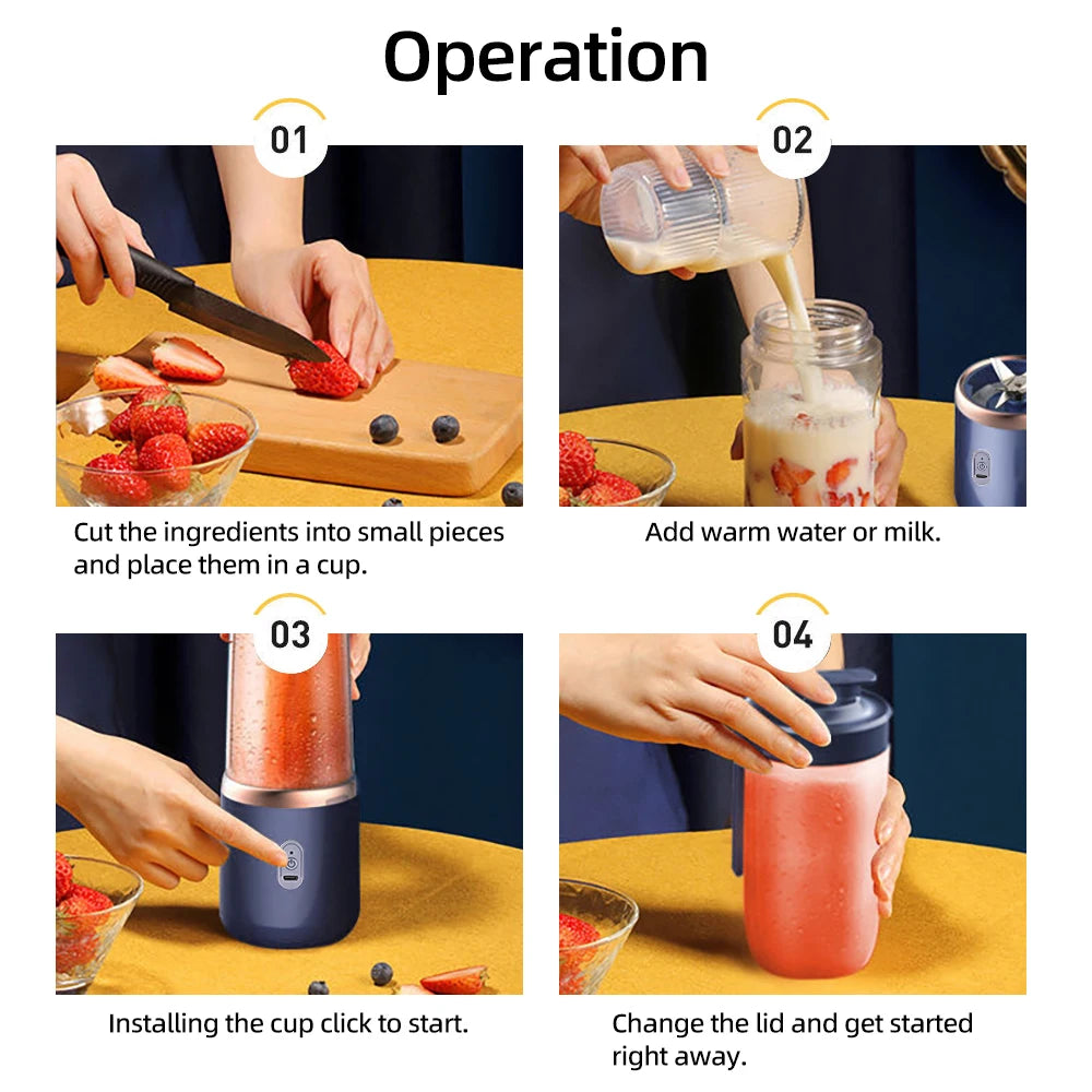 Four-step guide on using a portable, matte navy blue electric blender with a rose gold accent to make a smoothie.