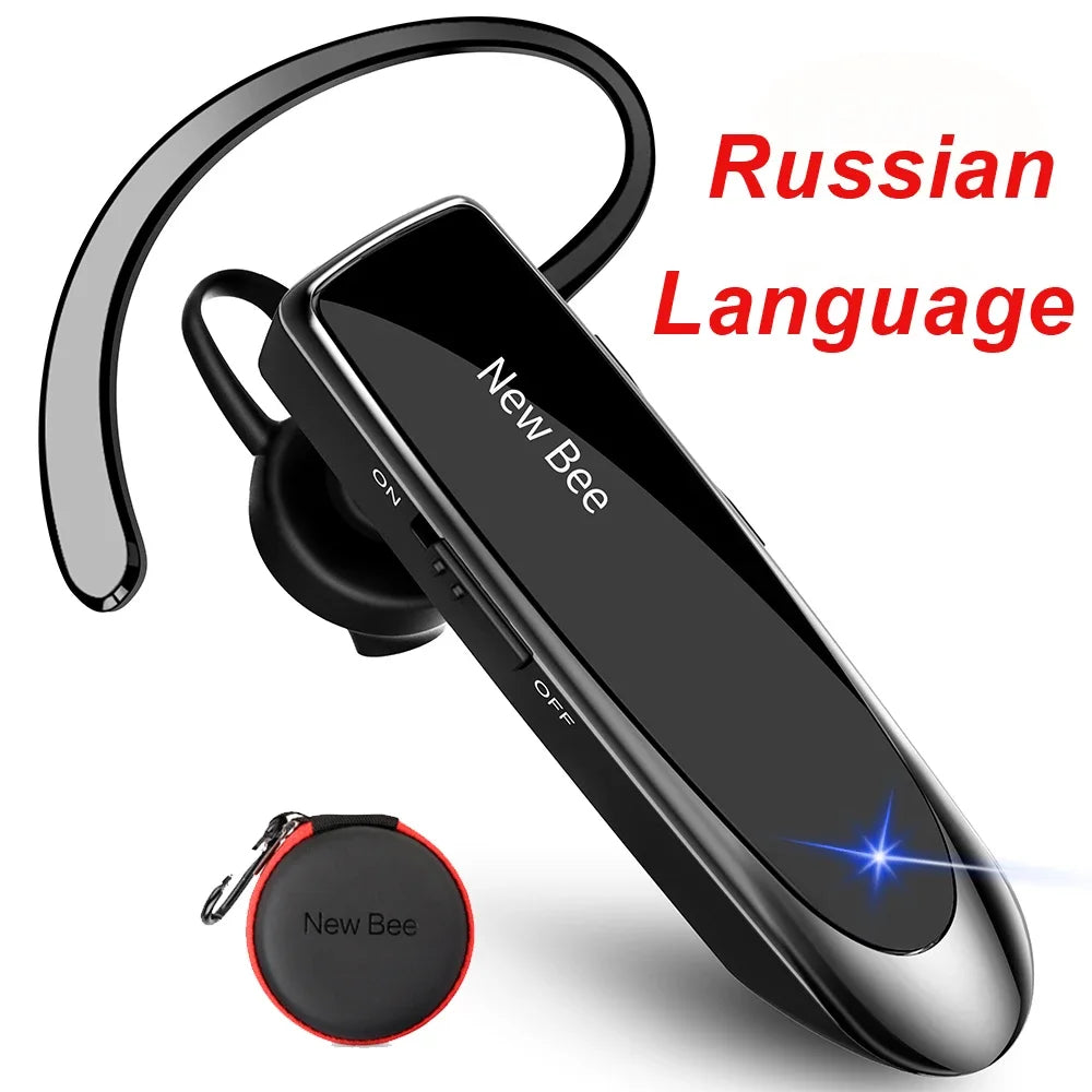 Sleek black wireless Bluetooth headset with ear hook, integrated microphone, and a small circular carry case.