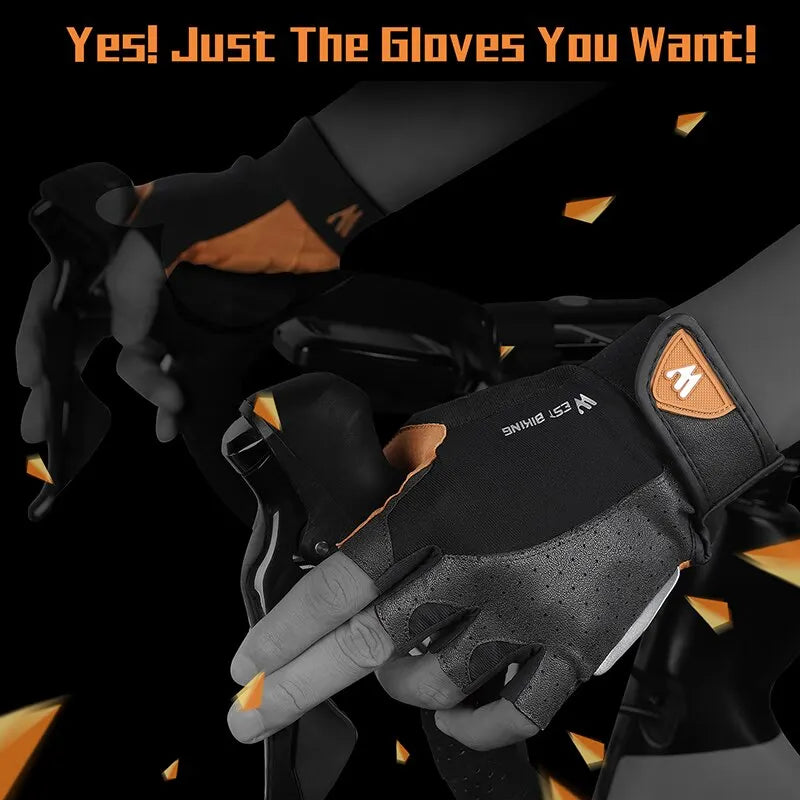 Fingerless black and orange West Biking cycling gloves gripping bike handlebars.