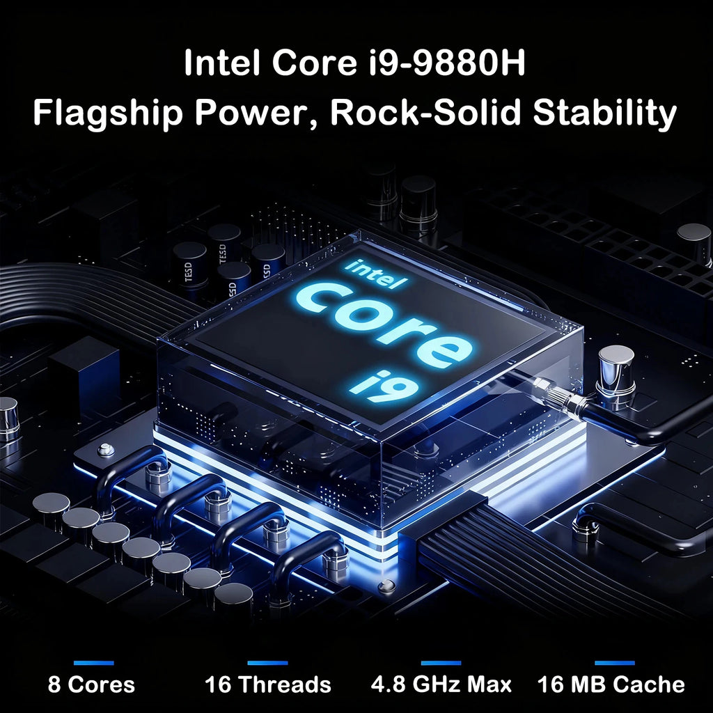Close-up of a high-performance Core i9 processor on a black motherboard with glowing blue light accents.