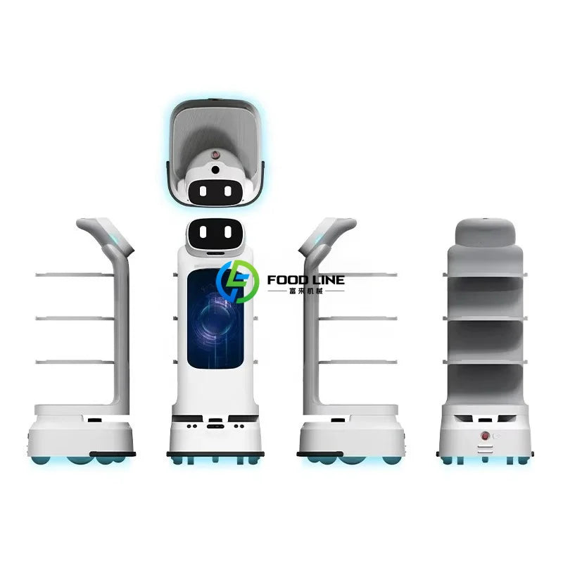 Four angled views of a white multi-tiered delivery robot with a blue and black display face and top compartment.