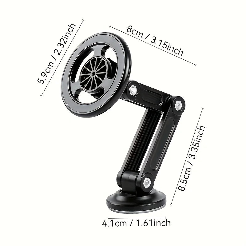 Black foldable magnetic phone holder with an adjustable articulated arm and suction cup base, including measurements.