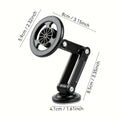 Black foldable magnetic phone holder with an adjustable articulated arm and suction cup base, including measurements.