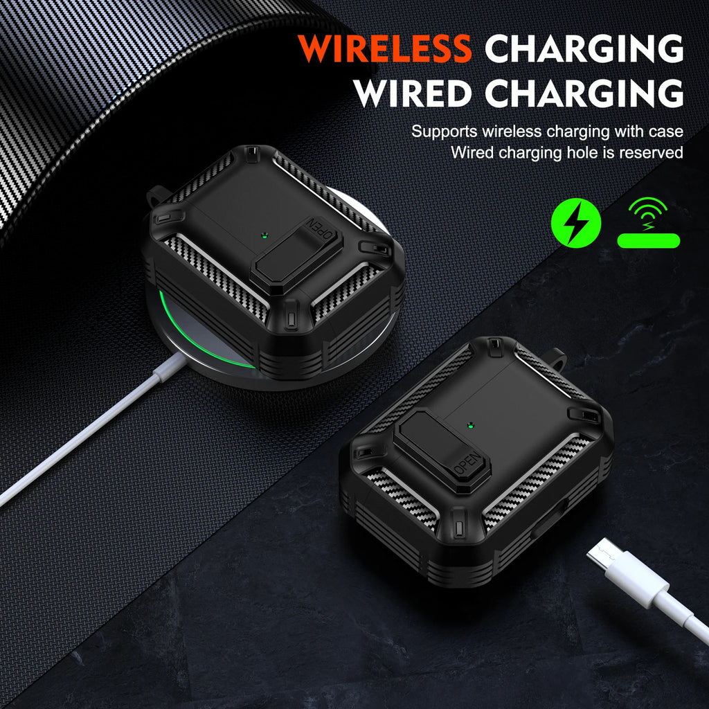 Rugged black carbon fibre-style protective AirPods case with secure latch, supporting wireless and wired charging.