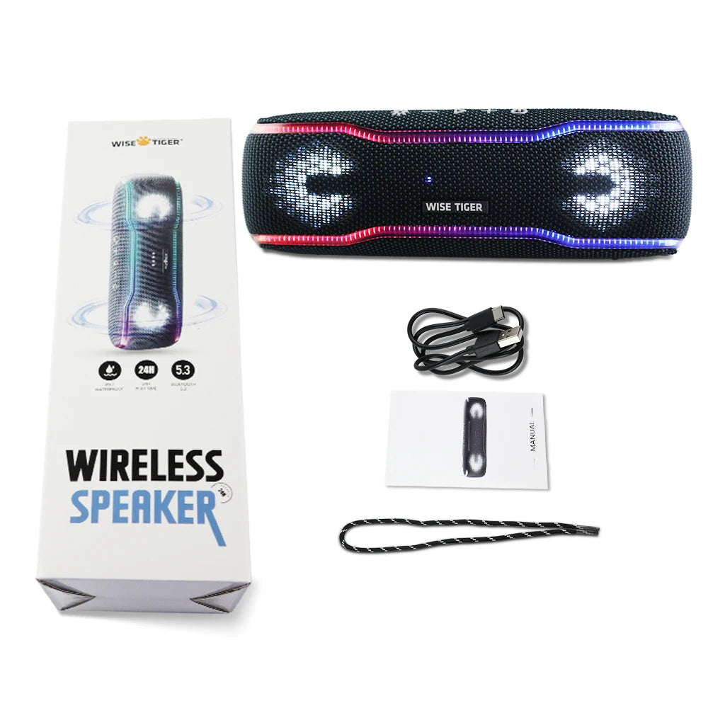 Black portable Bluetooth speaker with multicoloured LED light strips, shown with packaging, manual, cable and lanyard.
