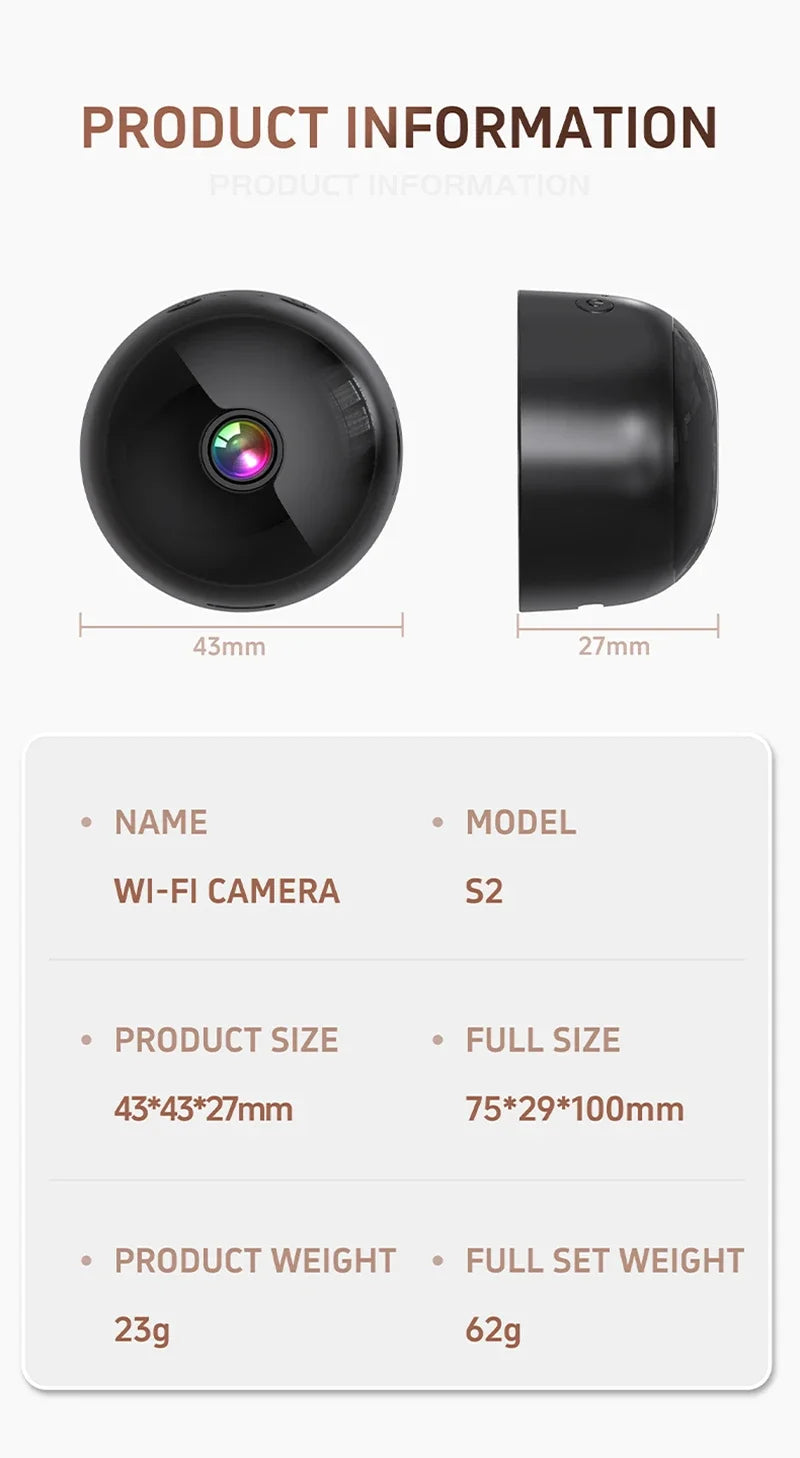 Compact black wireless security camera shown from front and side profiles with technical dimension specifications.