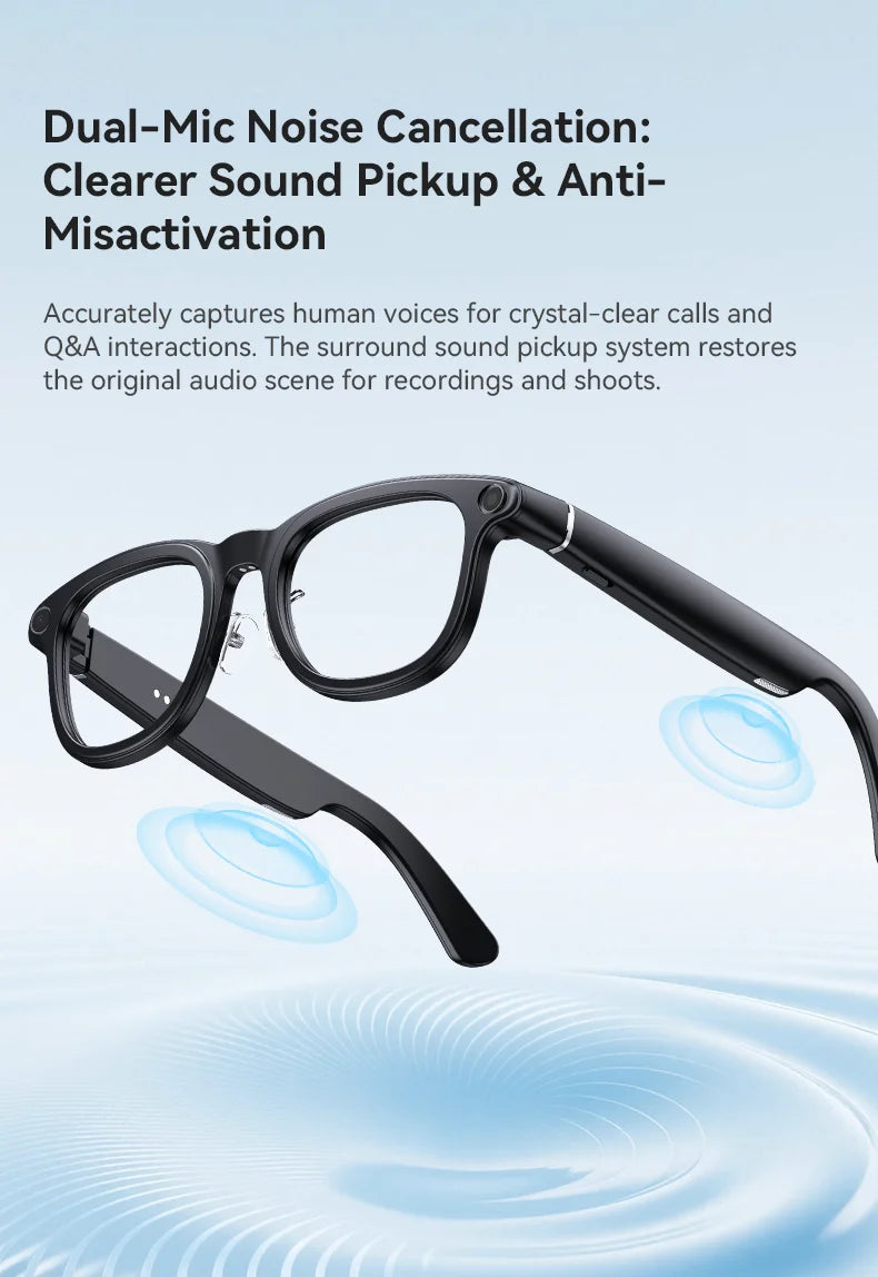 Smart black-framed glasses with built-in cameras and dual-mic noise cancellation for clear audio recording.
