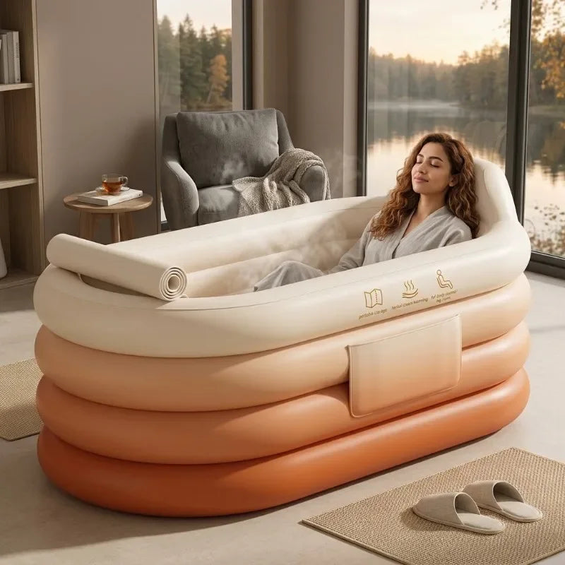 A woman relaxes in a multi-chambered, ombre-colored inflatable bathtub in a brightly lit room.