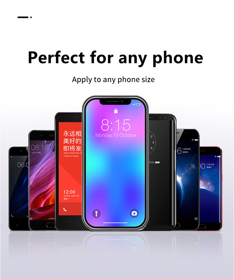 A row of various smartphones with colourful screens, illustrating universal compatibility for any phone size.
