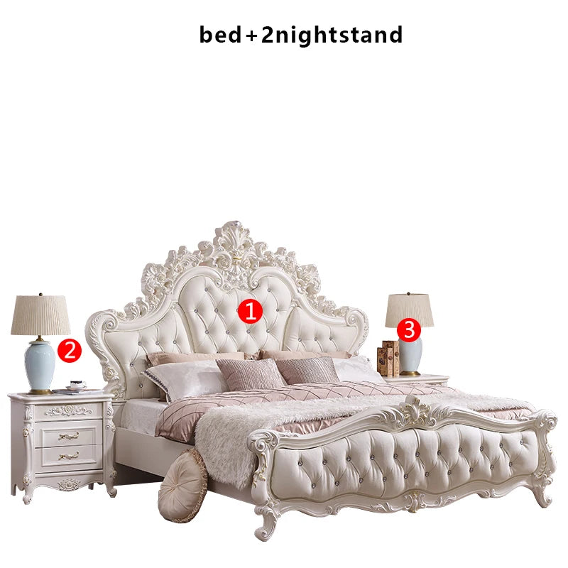 Luxury cream-coloured princess bed with a button-tufted headboard, ornate carved wood frames and two nightstands.