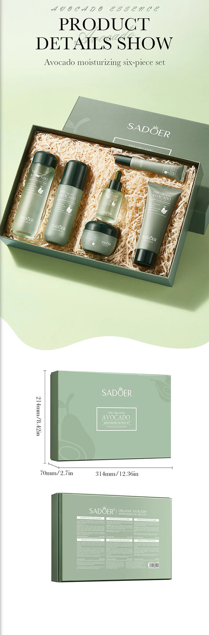 Six-piece avocado moisturizing skincare set in a green gift box, including bottles, a serum, cream, and a tube.