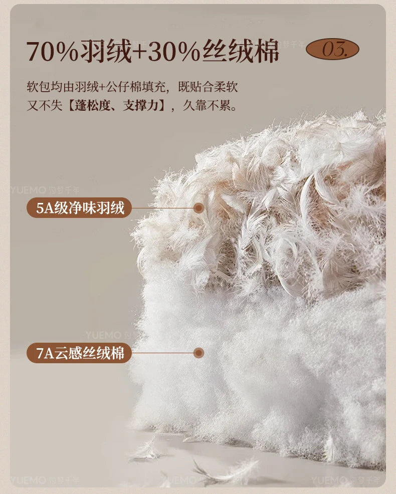 Close-up of white down and silk cotton filling inside a modern Nordic style bed headboard for plush, supportive comfort.