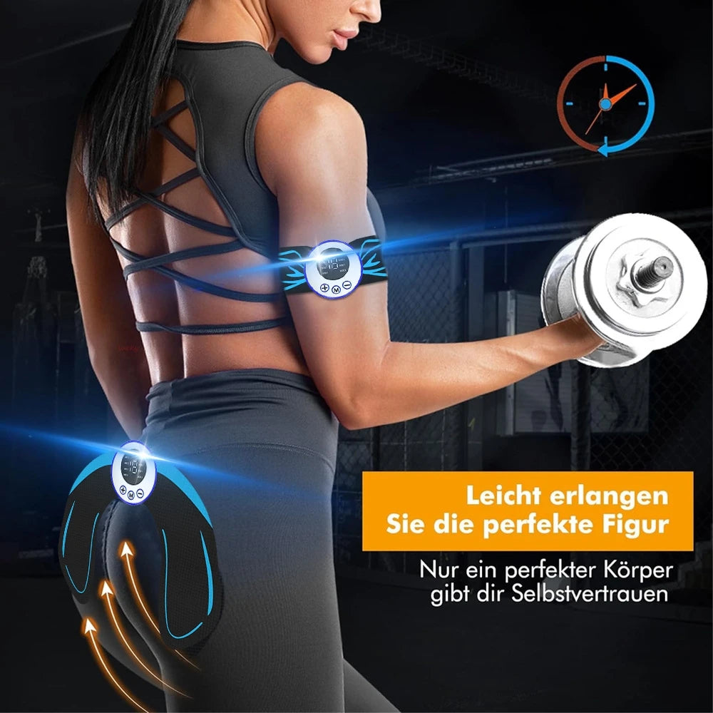 Woman wearing black EMS wireless muscle stimulator pads with digital control units on her arm and hip.