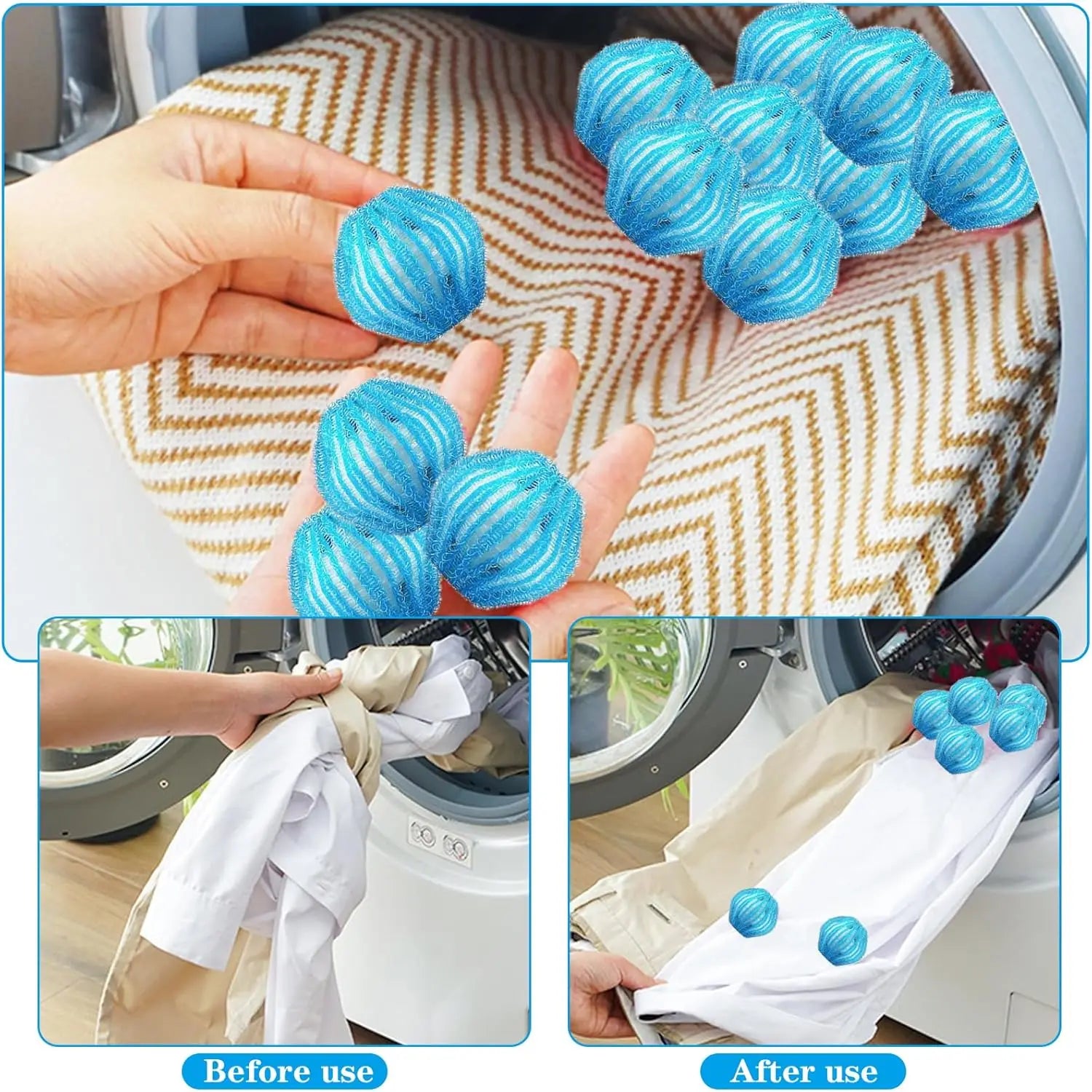 Blue textured laundry balls for the washing machine, shown being used with clothes to reduce tangling and lint.