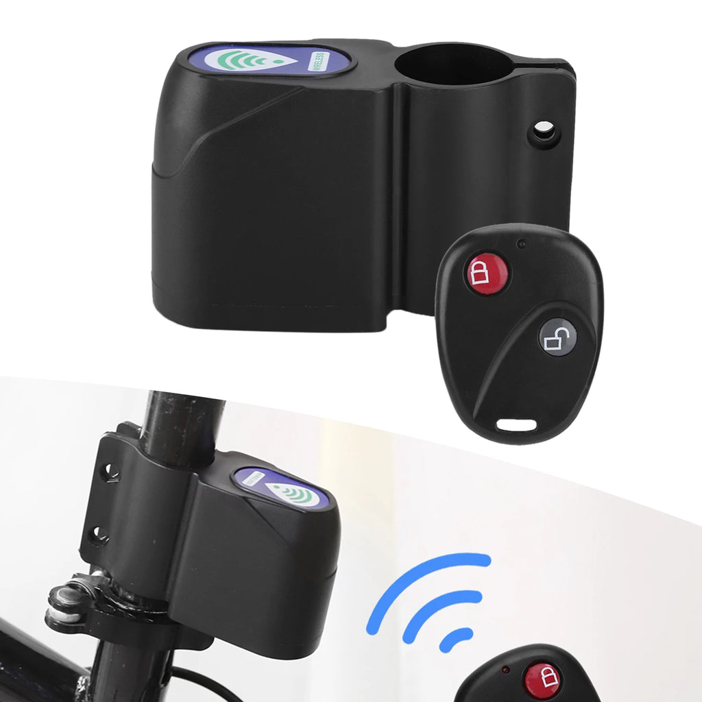 Black plastic wireless bike alarm with a mounting bracket and a remote control featuring lock and unlock buttons.