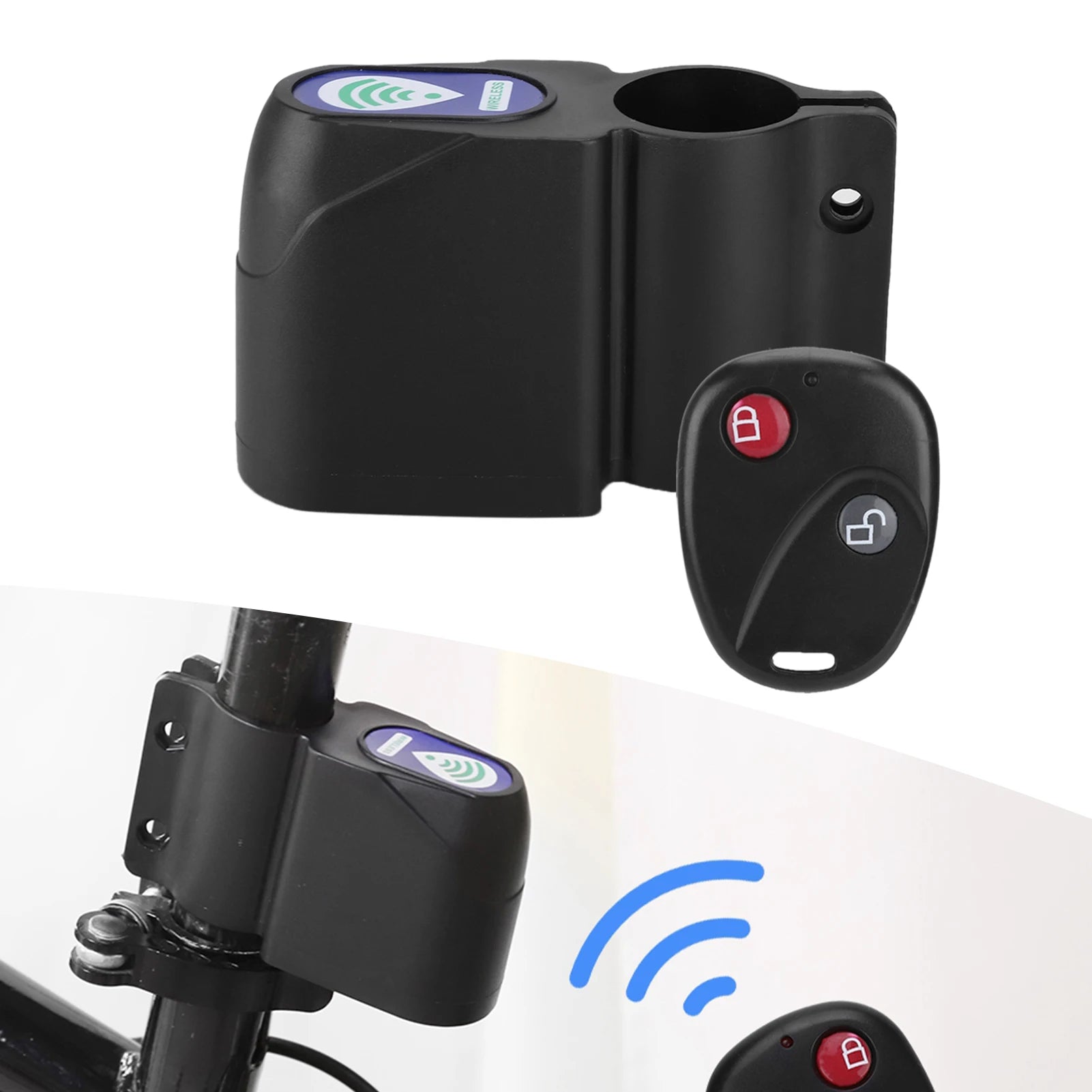 Black plastic wireless bike alarm with a mounting bracket and a remote control featuring lock and unlock buttons.
