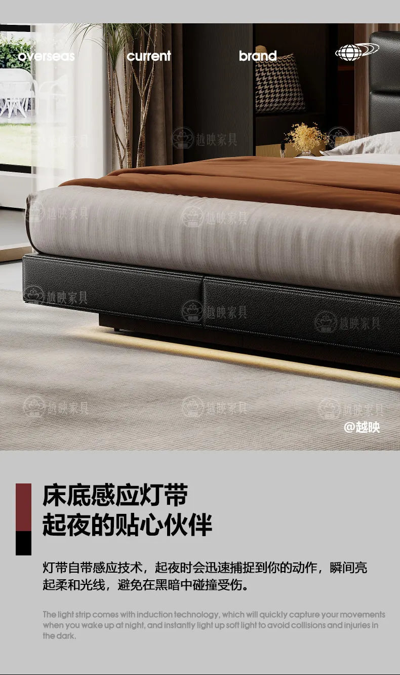 Modern black leather floating double bed frame with integrated motion-sensor LED base lighting.