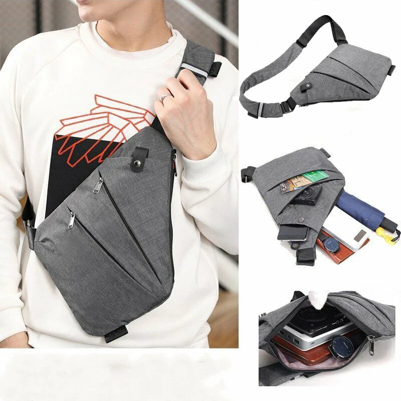 Grey slimline waterproof crossbody chest bag with adjustable strap, zipped compartments, and multi-pocket storage.