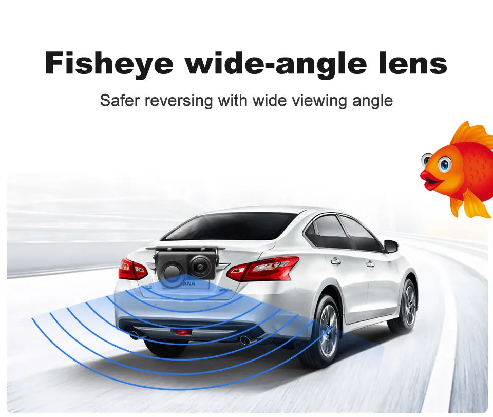 Black HD vehicle backup camera with fisheye wide-angle lens, mounted on the rear of a white saloon car.