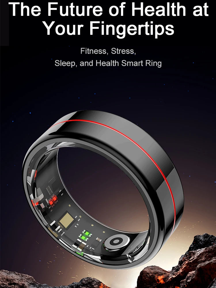 Sleek black smart ring with a red detail line, showing internal health sensors on a space-themed background.