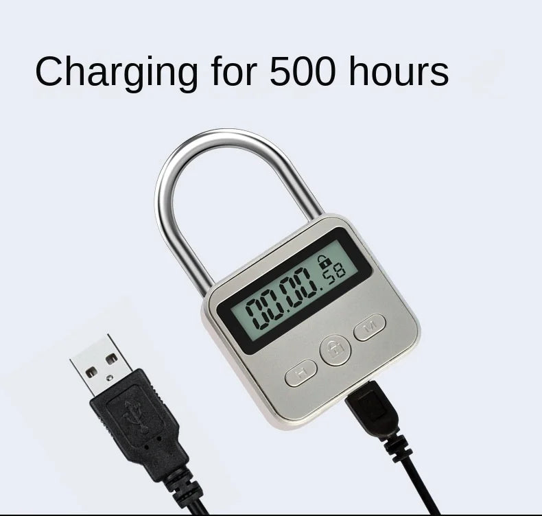 Silver metal digital timer padlock with an LCD screen and charging cable.