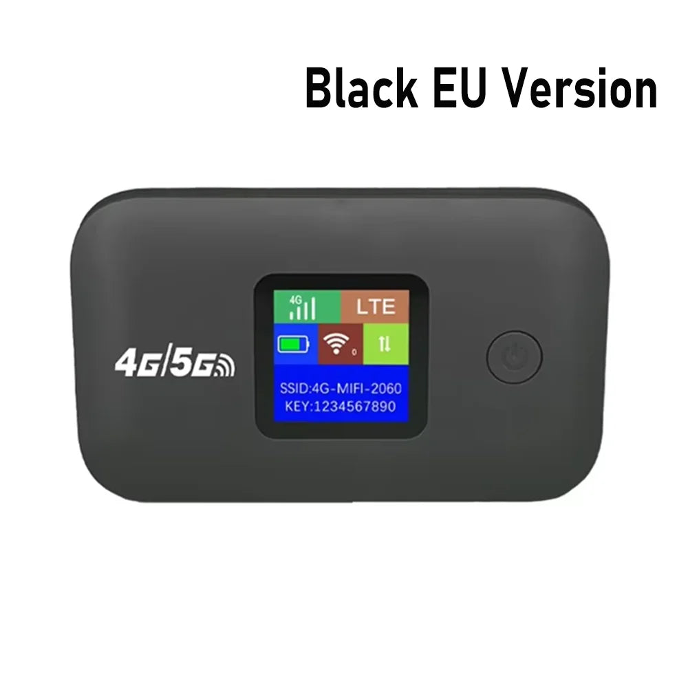 Compact black 4G wireless Wi-Fi hotspot router with a digital screen displaying network, battery, and signal status.