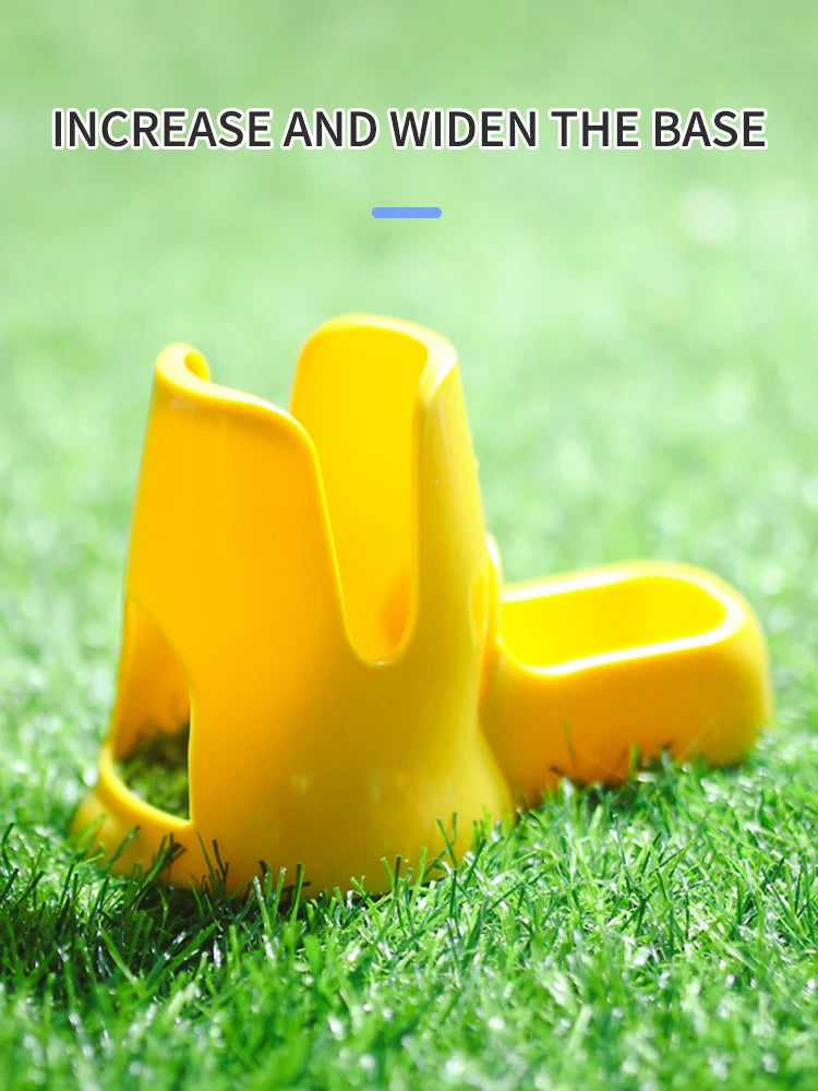 Bright yellow, plastic, wide-based upright drink holder with cutout sides, displayed on green artificial turf.