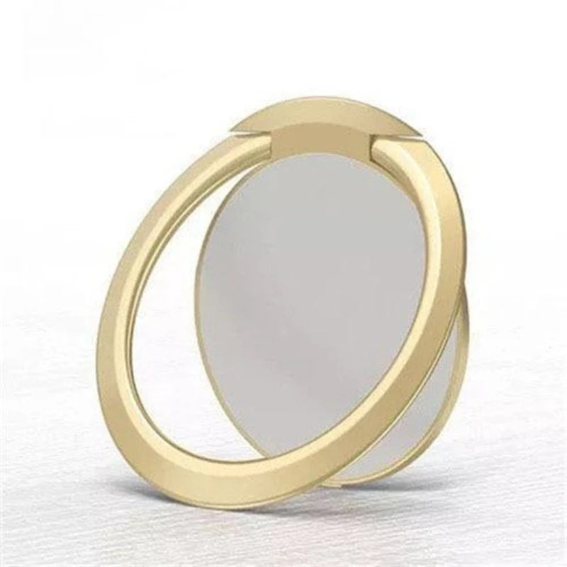 Gold-colored circular phone ring holder with a collapsible design on a white background.