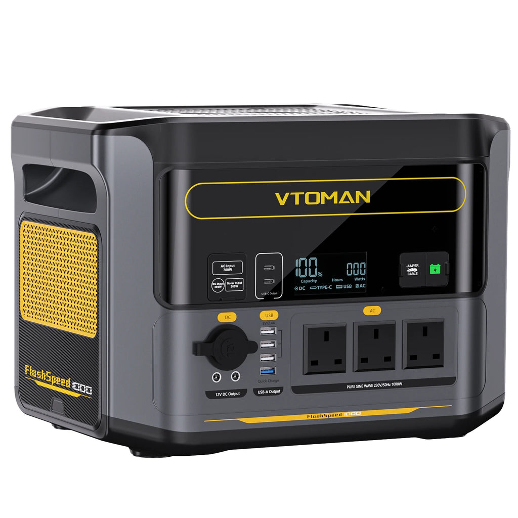 VTOMAN FlashSpeed 1000 portable power station with digital screen, outlets, USB ports, and yellow accents.