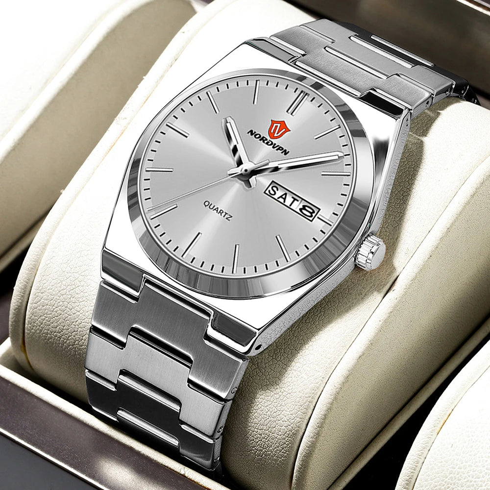 Elegant women's ultra-thin silver-tone quartz watch with a matching steel link bracelet and date display.
