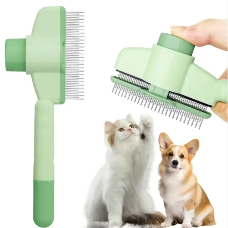 Sage green self-cleaning pet grooming brush with metal bristles, shown alongside a cat and a corgi.