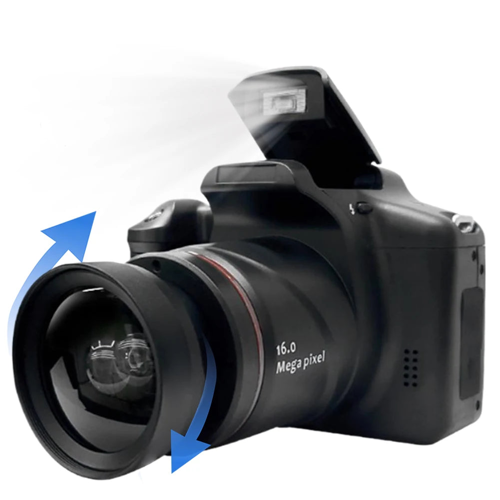 Black 16MP DSLR camera with a wide-angle lens, pop-up flash, and blue rotation arrows on a white background.