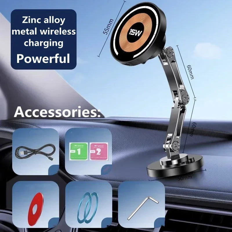 Adjustable zinc alloy magnetic wireless car charger with a black circular pad and long, articulated metallic arm.