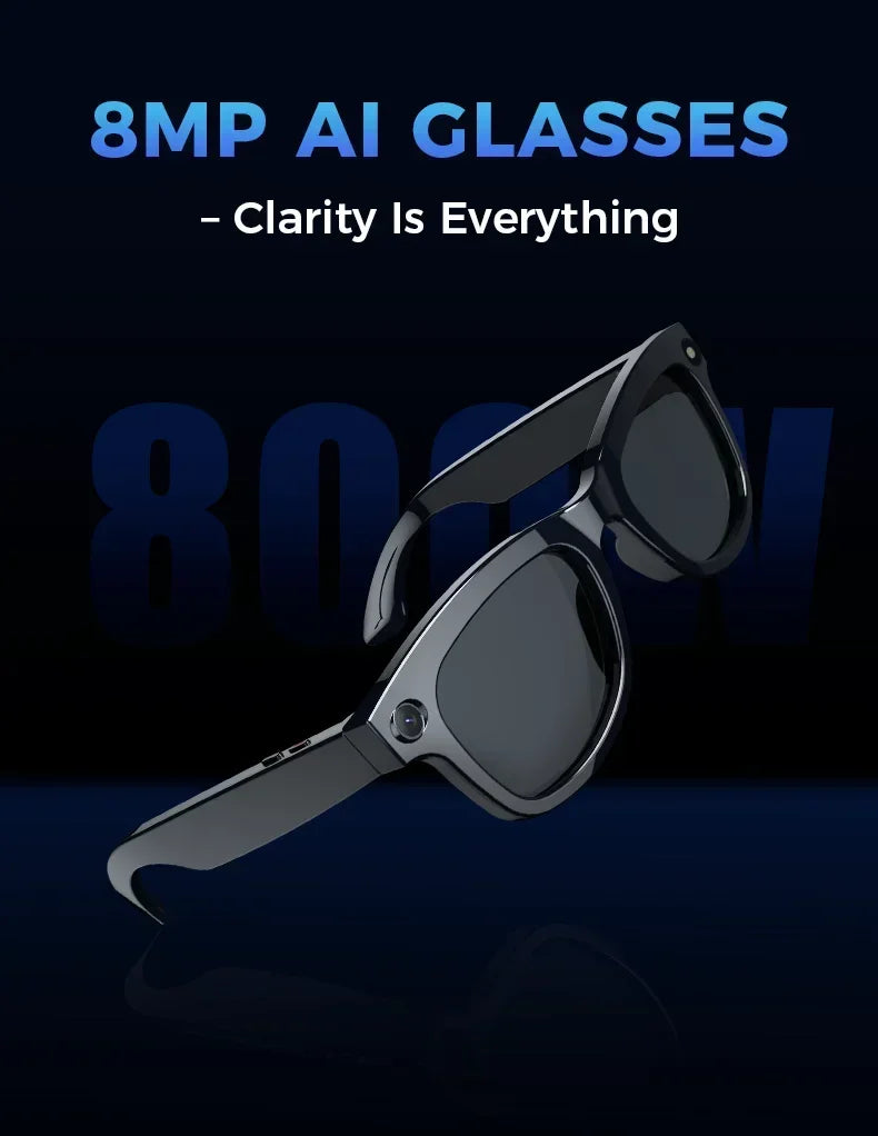 Sleek black AI smart glasses featuring a built-in HD camera on a dark blue background.