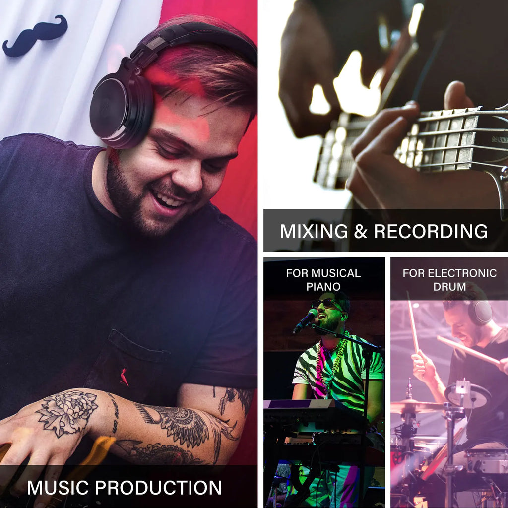 Professional black wired over-ear studio headphones being used by musicians for recording, mixing, and live performance.