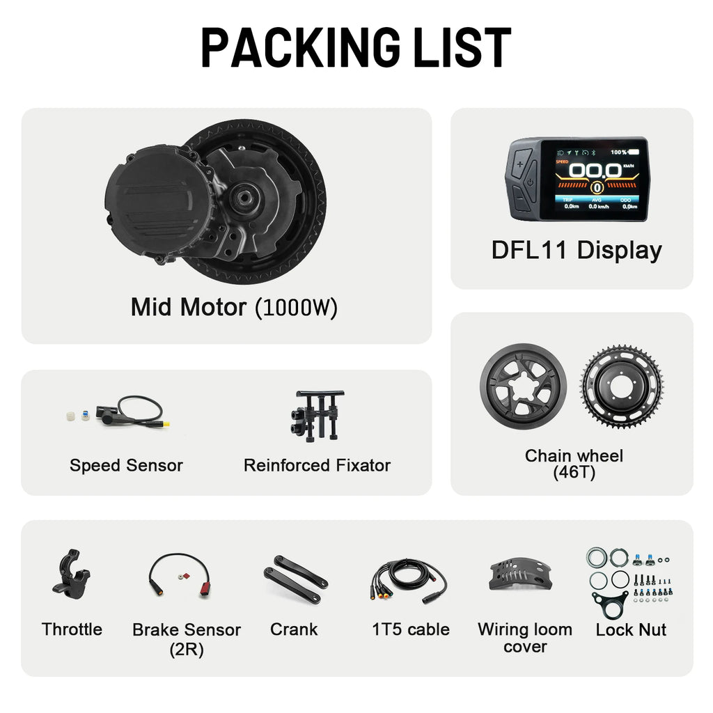 Tongsheng mid drive ebike conversion kit with black 1000W motor, DFL11 display, chain wheel, and various cables.