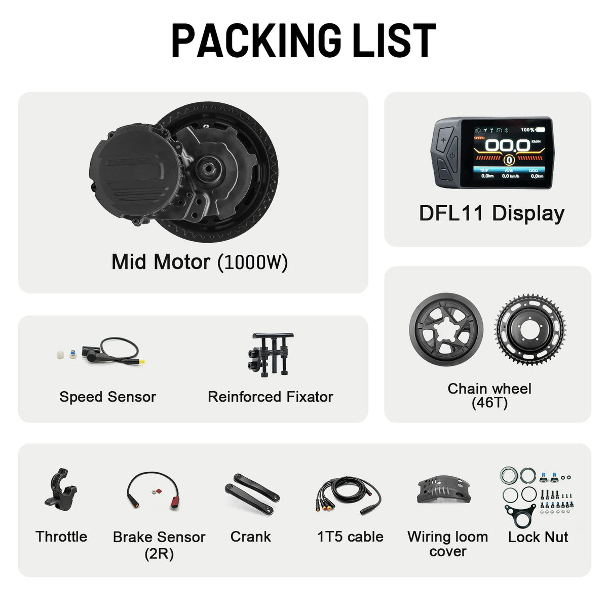 Tongsheng mid drive ebike conversion kit with black 1000W motor, DFL11 display, chain wheel, and various cables.