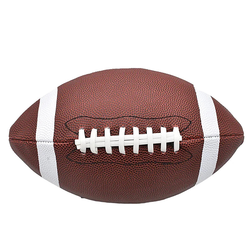 Brown American football with textured grip, white laces, and white stripes at each end against a white background.