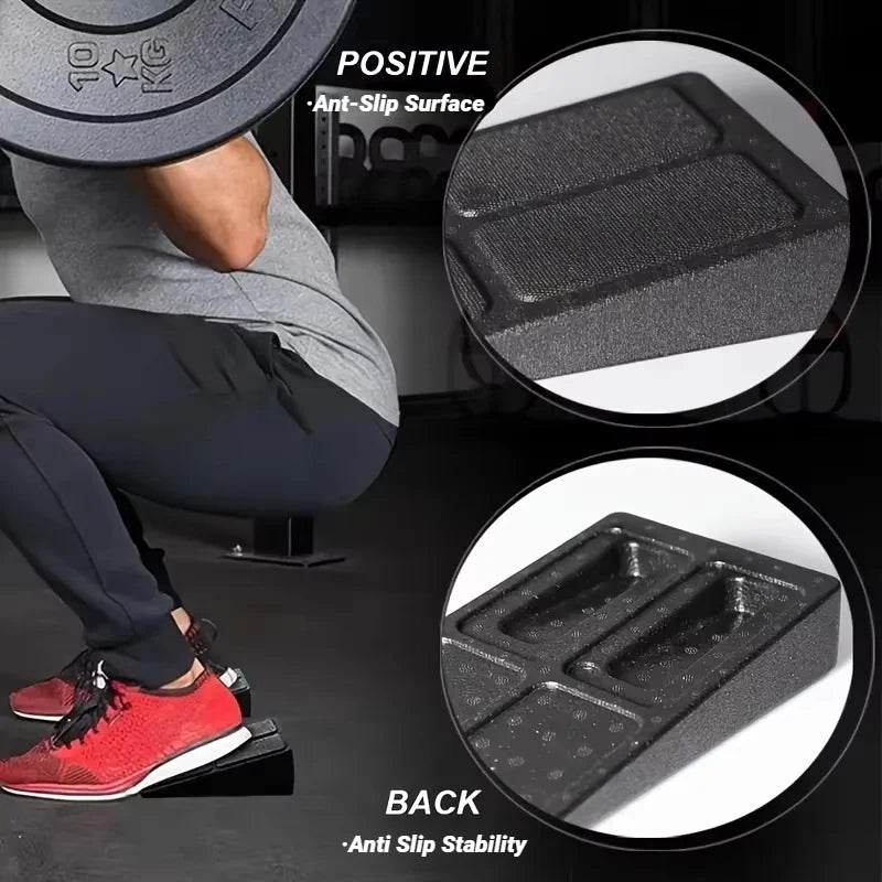 A person doing squats using black, anti-slip foam heel wedges to improve stability and form.