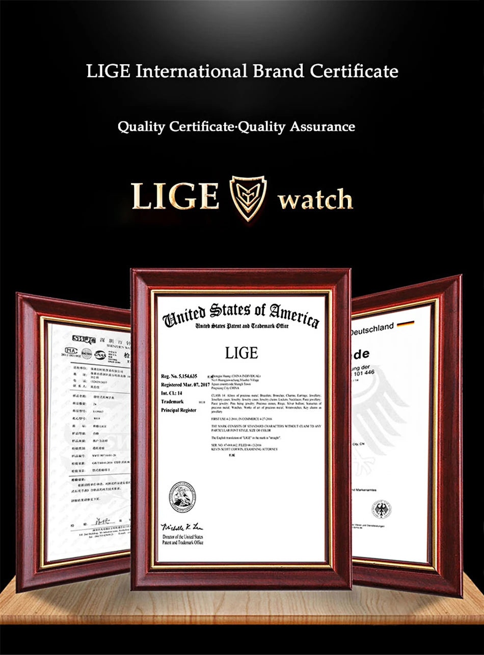 Three official framed certificates displayed on a wooden surface, highlighting quality assurance for a luxury watch.